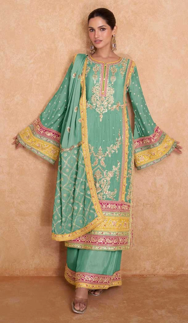 Sea Green Chinon Zari Work Pakistani Style Palazzo Salwar Suit - 10120192450