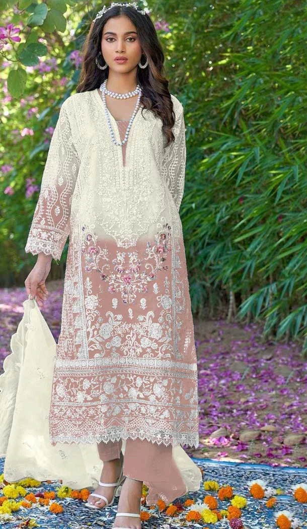 Organza Embroidered Pakistani Style Salwar Kameez In Light Brown - 10094192326