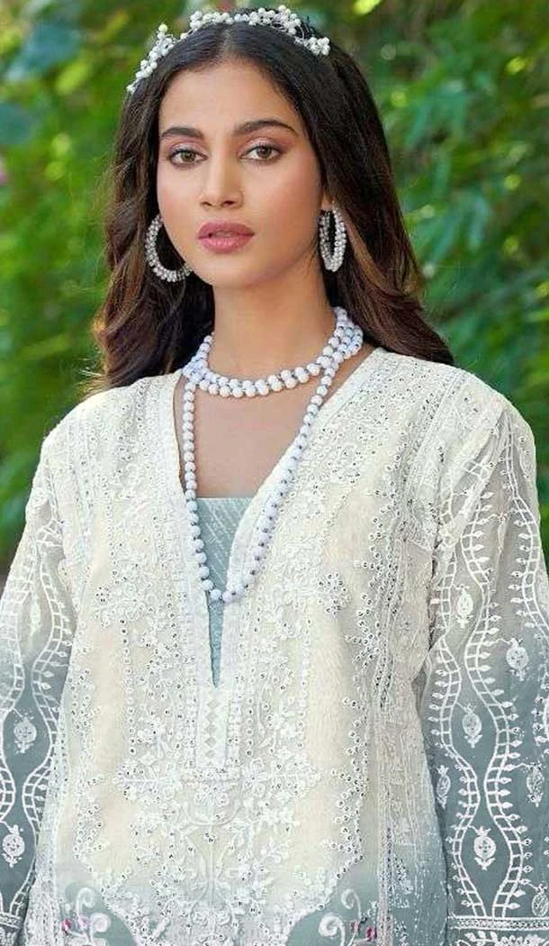 Organza Embroidered Pakistani Style Salwar Kameez In Dusty Blue - 10094192329