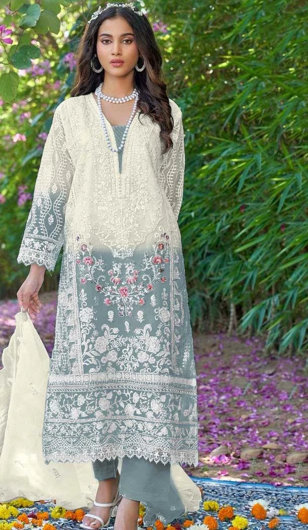 Organza Embroidered Pakistani Style Salwar Kameez In Dusty Blue - 10094192329