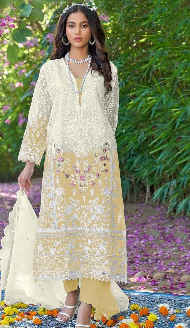 Organza Embroidered Pakistani Style Salwar Kameez In Yellow - 10094192330