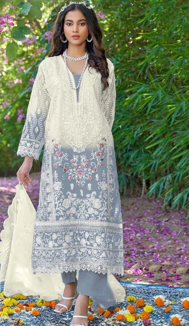Organza Embroidered Pakistani Style Salwar Kameez In Slate Blue - 10094192333