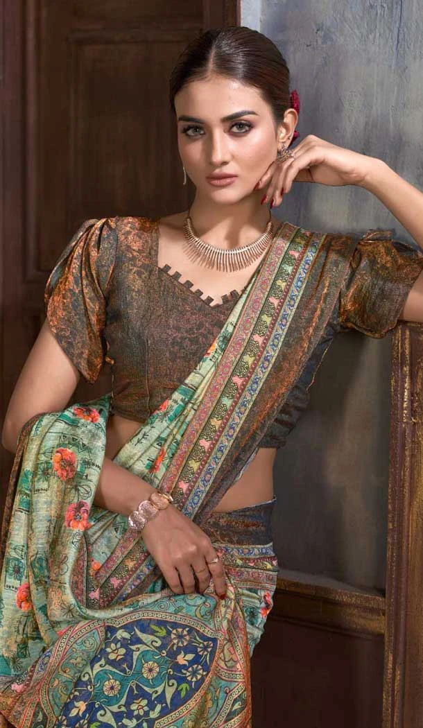 Dusty Green Natural Silk Print Work Traditional Wear Saree - 10151192575