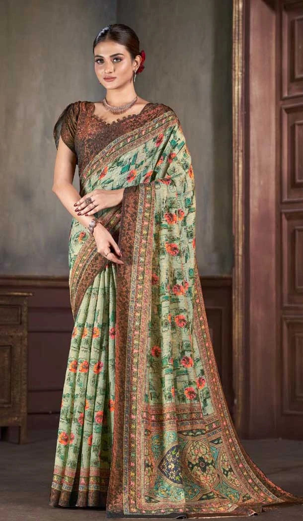 Dusty Green Natural Silk Print Work Traditional Wear Saree - 10151192575