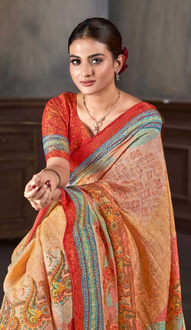 Multi Color Natural Silk Print Work Traditional Wear Saree - 10151192576
