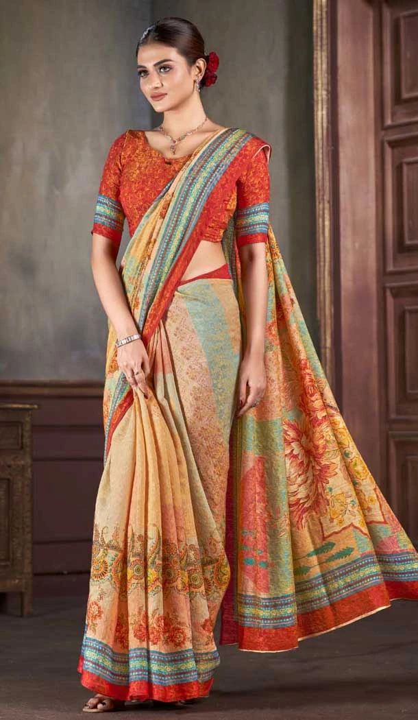 Multi Color Natural Silk Print Work Traditional Wear Saree - 10151192576