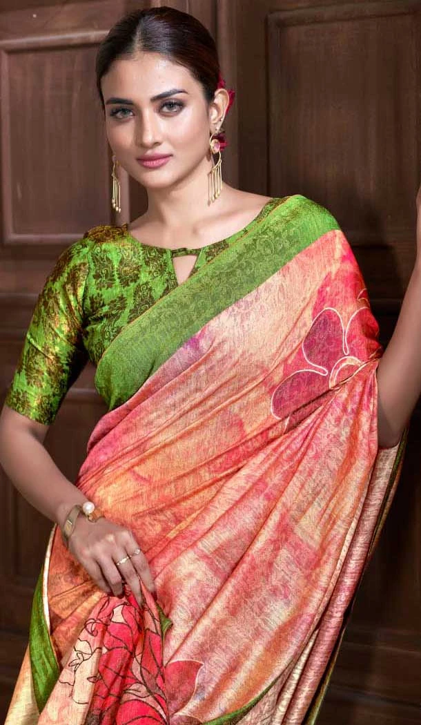 Natural Silk Multi Color Print Work Traditional Wear Saree - 10151192577