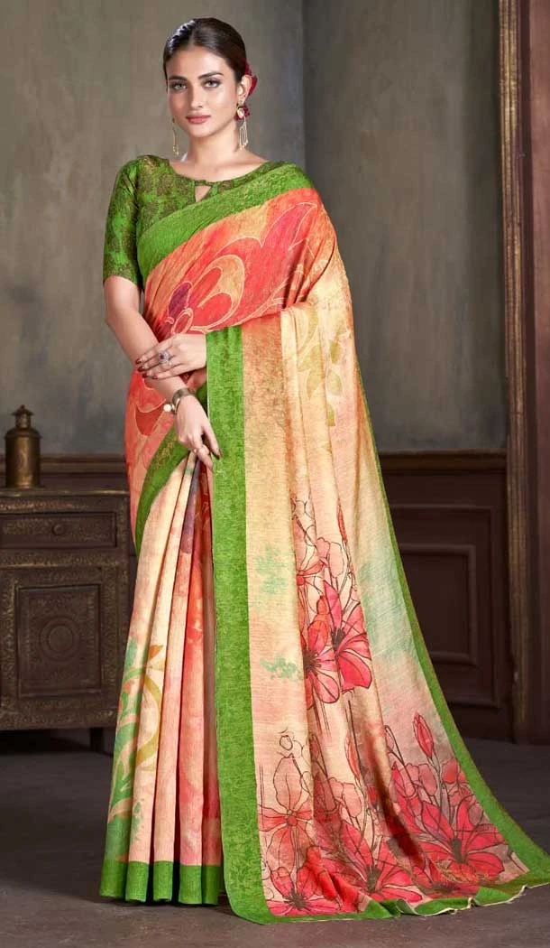 Natural Silk Multi Color Print Work Traditional Wear Saree - 10151192577