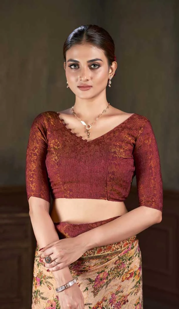 Natural Silk Peach Print Work Traditional Wear Saree - 10151192580