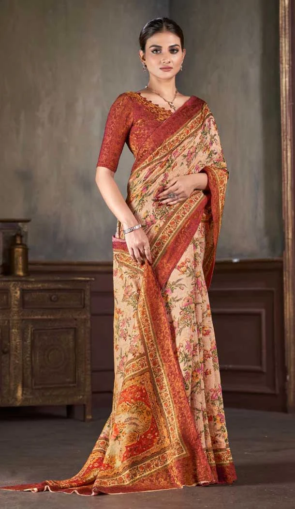 Natural Silk Peach Print Work Traditional Wear Saree - 10151192580