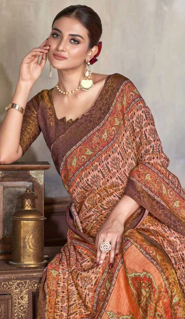 Natural Silk Print Work Traditional Wear Saree In Peach - 10151192582