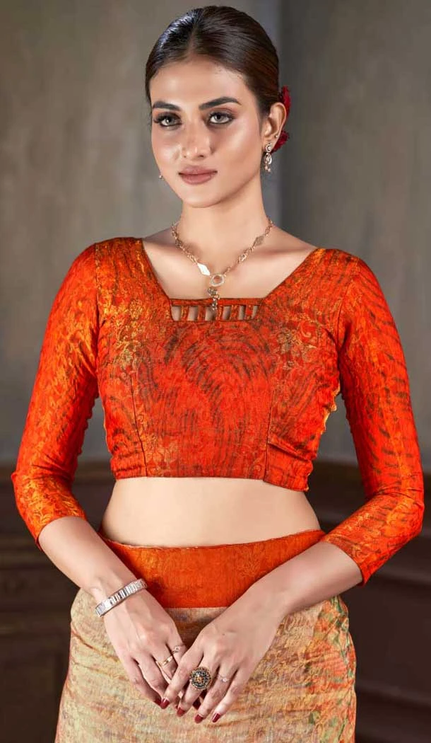 Orange Natural Silk Print Work Traditional Wear Saree - 10151192583