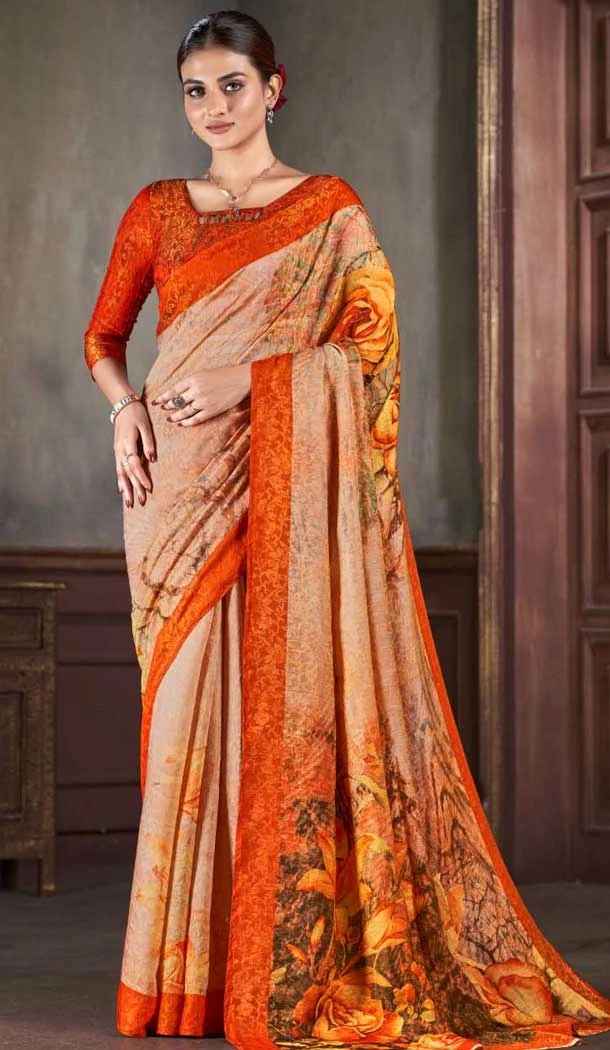 Orange Natural Silk Print Work Traditional Wear Saree - 10151192583