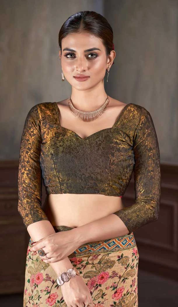 Beige Natural Silk Print Work Traditional Wear Saree - 10151192584