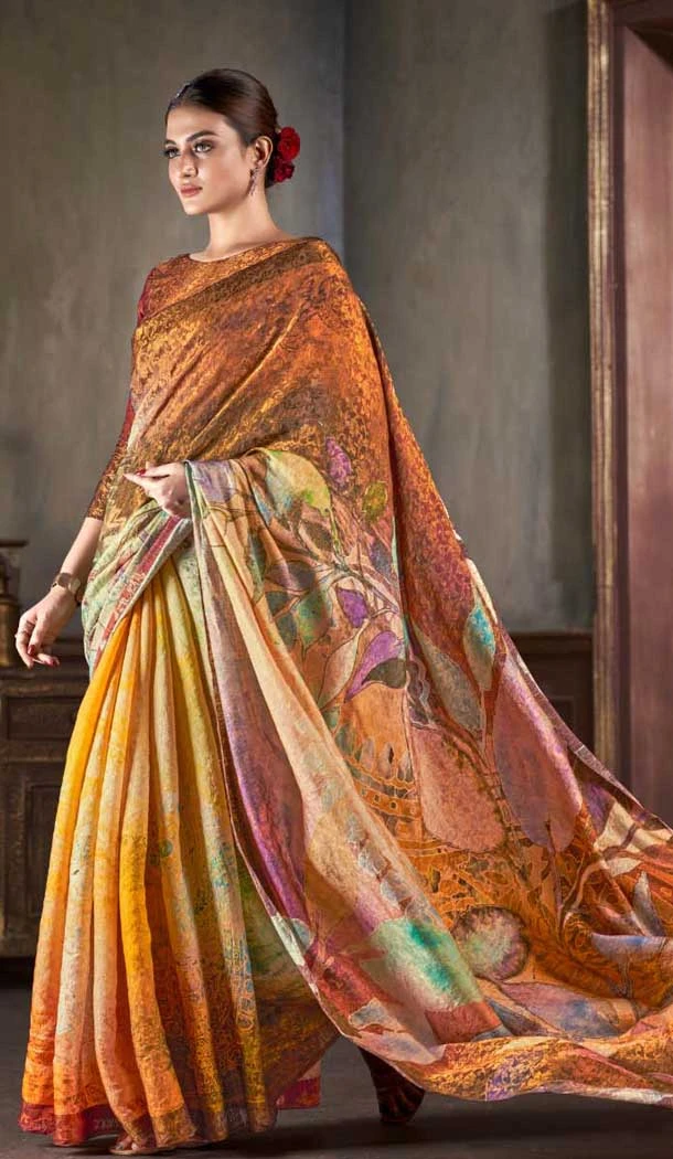 Rust Natural Silk Print Work Traditional Wear Saree - 10151192585
