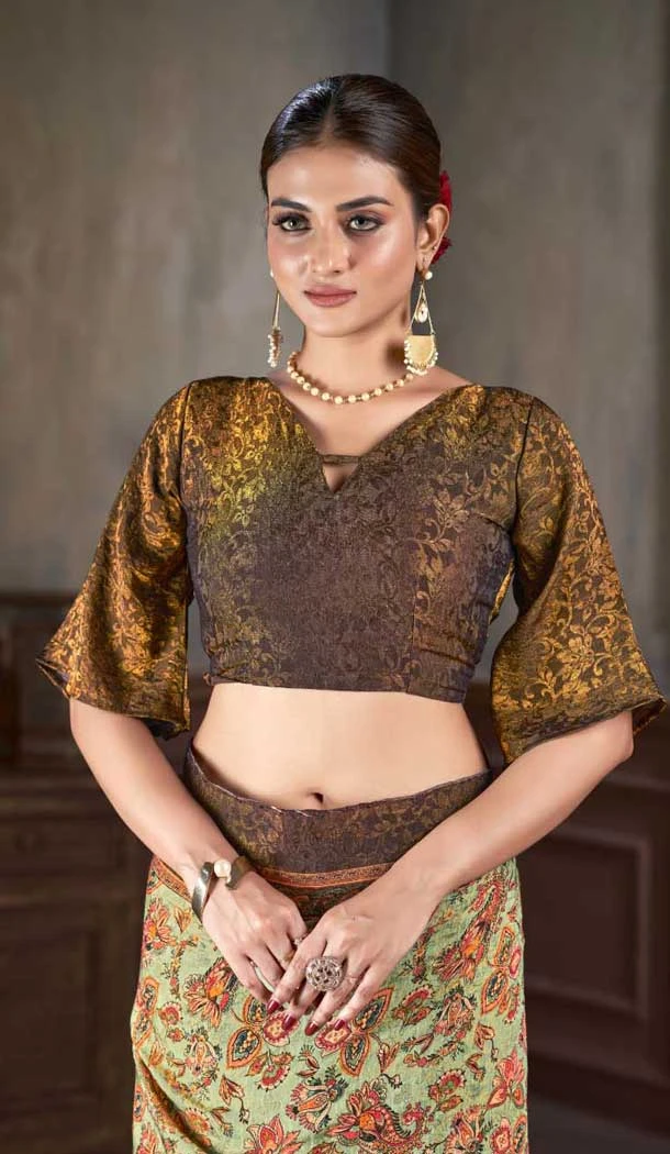 Green Natural Silk Print Work Traditional Wear Saree - 10151192586