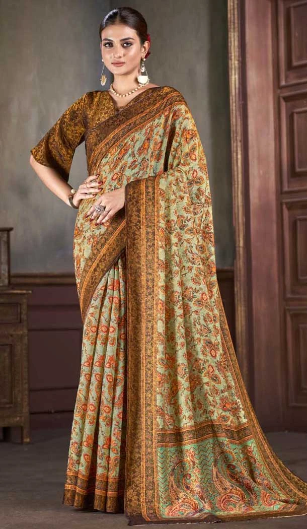 Green Natural Silk Print Work Traditional Wear Saree - 10151192586