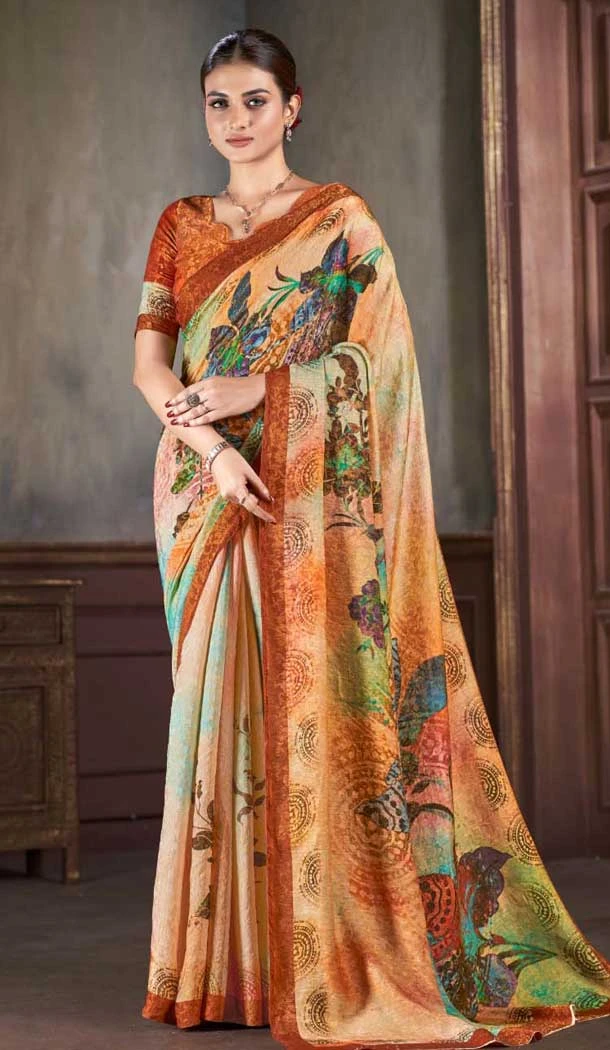 Natural Silk Multi Color Print Work Traditional Wear Saree - 10151192587