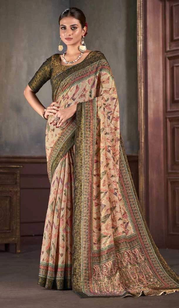 Natural Silk Print Work Traditional Wear Saree In Beige - 10151192588
