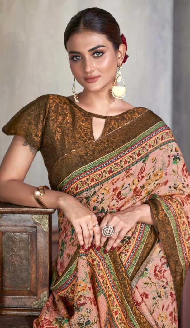 Pink Natural Silk Print Work Traditional Wear Saree - 10151192590