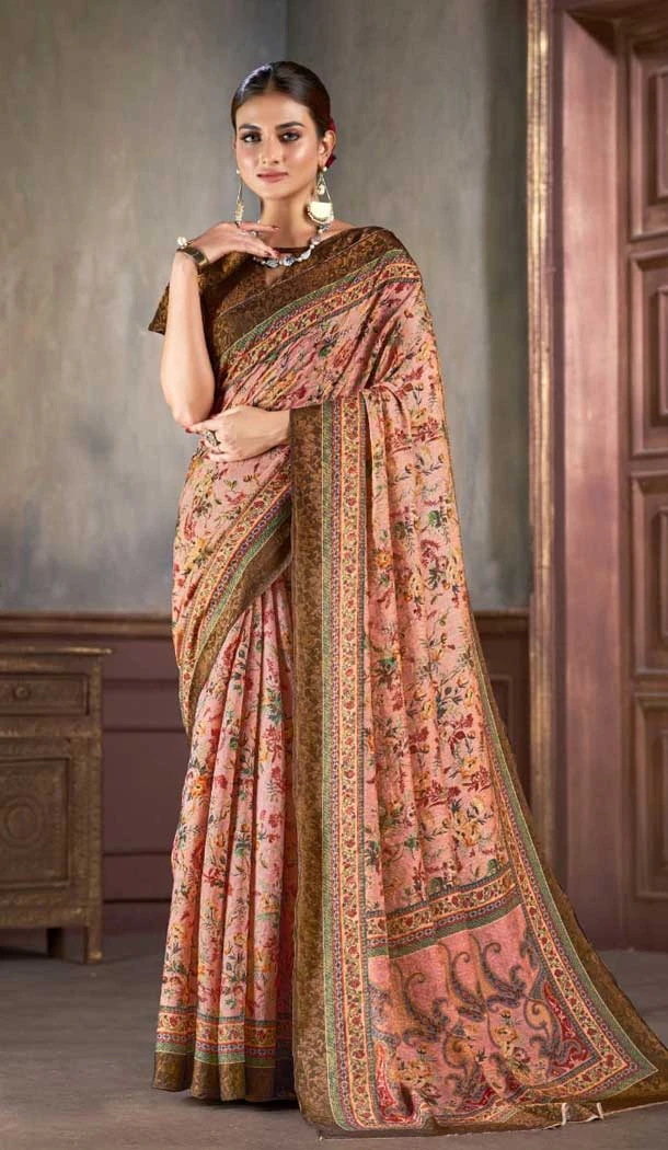 Pink Natural Silk Print Work Traditional Wear Saree - 10151192590