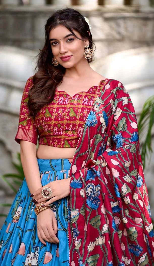 Multi Color Tussar Silk Zari Weaving Work Party Wear Lehenga Choli - 10168192676