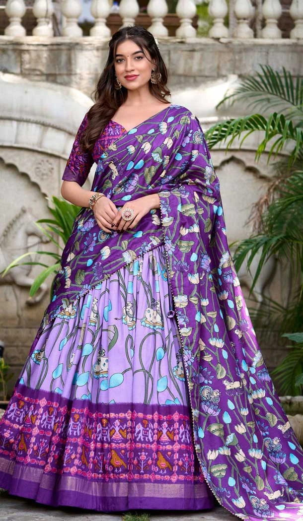 Purple Tussar Silk Zari Weaving Work Party Wear Lehenga Choli - 10168192677