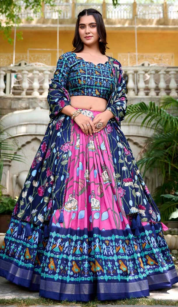 Pink Tussar Silk Zari Weaving Work Party Wear Lehenga Choli - 10168192678