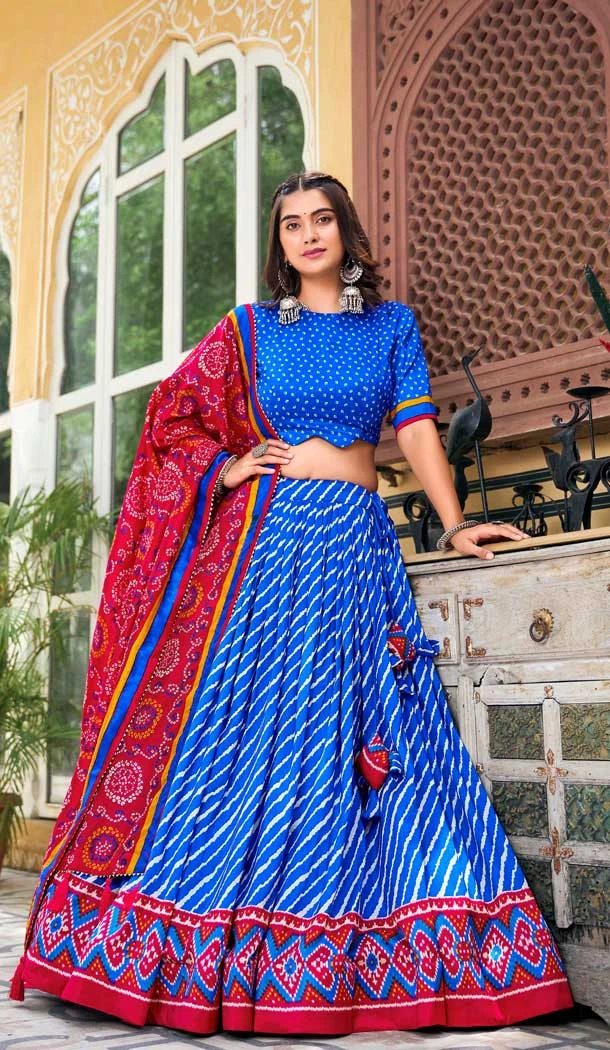 Tussar Silk Patola Print Party Wear Lehenga Choli In Blue - 10169192681