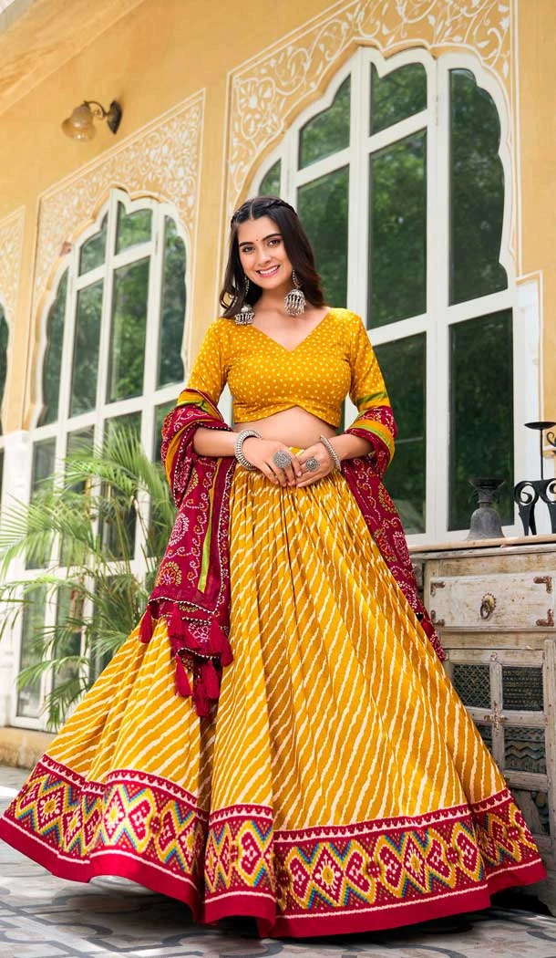 Tussar Silk Patola Print Party Wear Lehenga Choli In Yellow - 10169192683