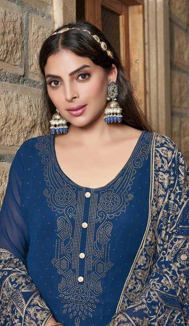 Georgette Embroidered Pakistani Style Palazzo Salwar Suit In Navy Blue - 10172192688