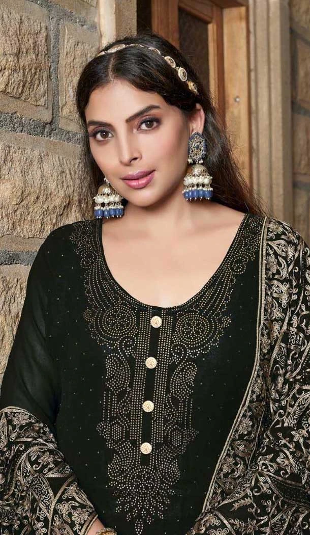Georgette Embroidered Pakistani Style Palazzo Salwar Suit In Black - 10172192690