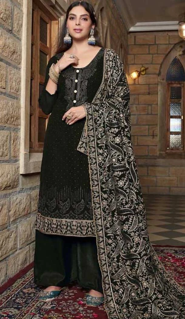 Georgette Embroidered Pakistani Style Palazzo Salwar Suit In Black - 10172192690