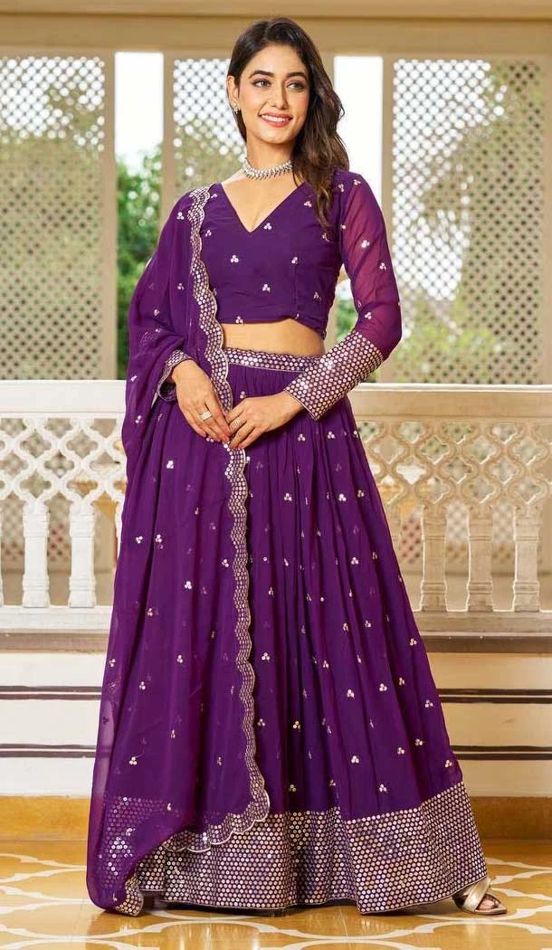 Purple Fox Georgette Embroidered Party Wear Lehenga Choli - 10189192756