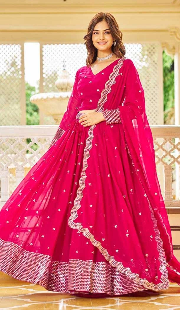 Rani Pink Fox Georgette Embroidered Party Wear Lehenga Choli - 10189192757