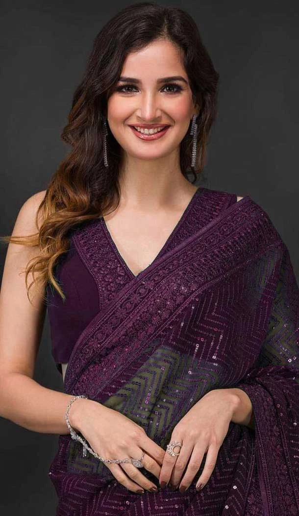 Georgette Sequins Work Party Wear Plus Size Saree In Wine - 10197192785