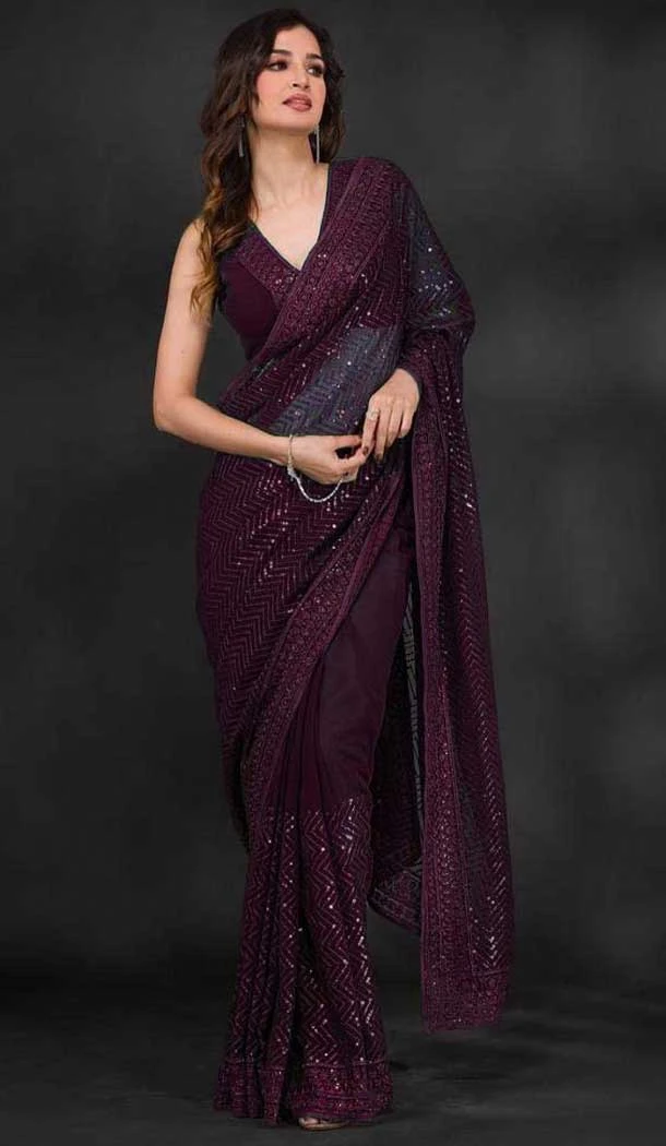 Georgette Sequins Work Party Wear Plus Size Saree In Wine - 10197192785