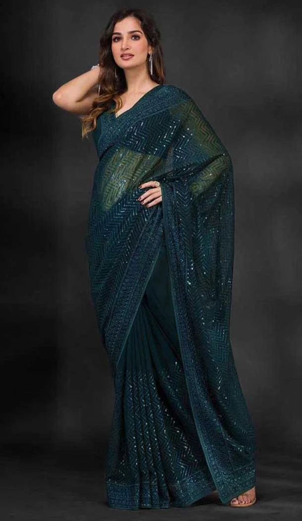 Georgette Sequins Work Party Wear Saree In Teal - 10197192786
