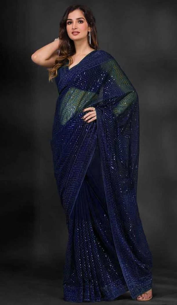 Georgette Sequins Work Party Wear Saree In Navy Blue - 10197192787