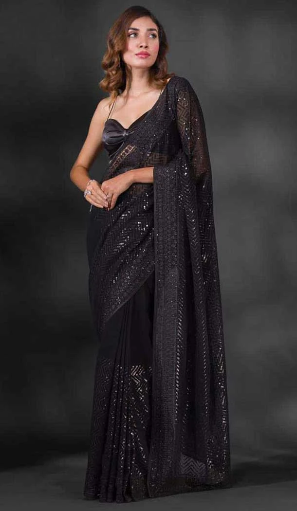 Georgette Sequins Work Party Wear Saree In Black - 10197192788