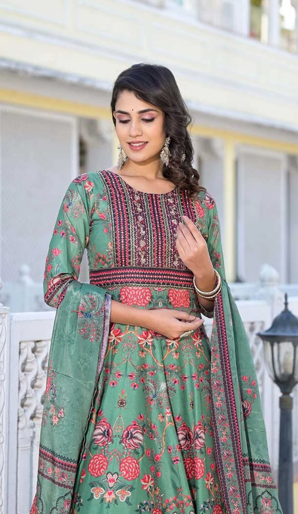 Parrot Dola Silk Digital Printed Designer Readymade Gown - 10213192837