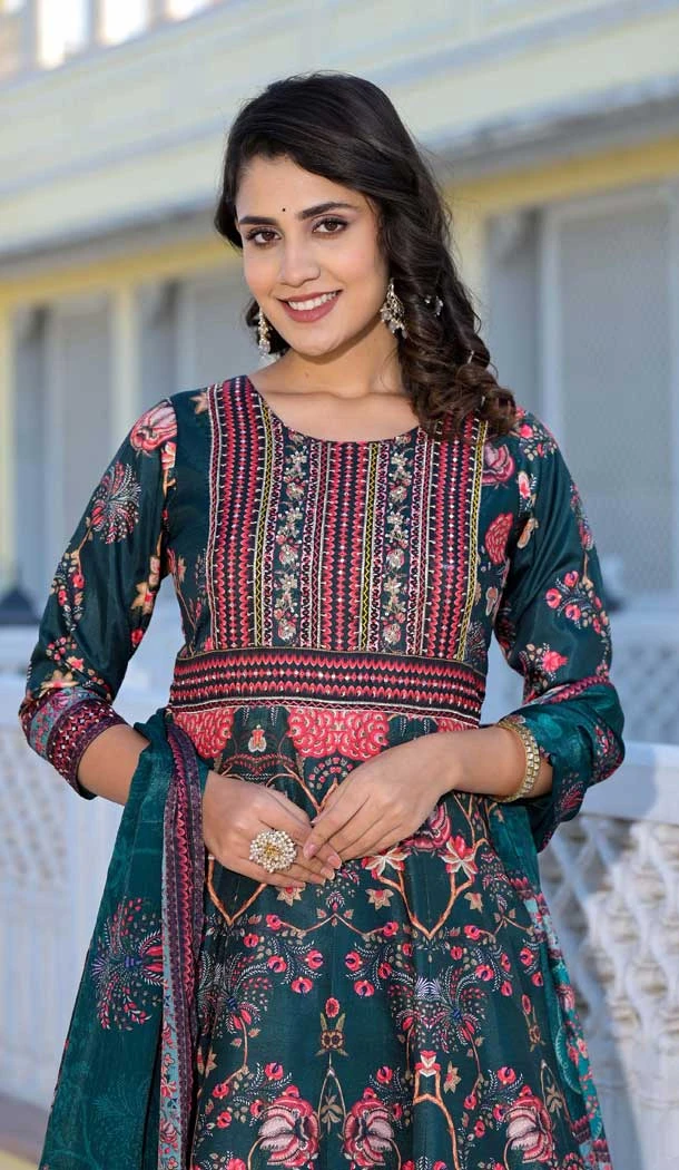 Sea Green Dola Silk Digital Printed Designer Readymade Gown - 10213192838