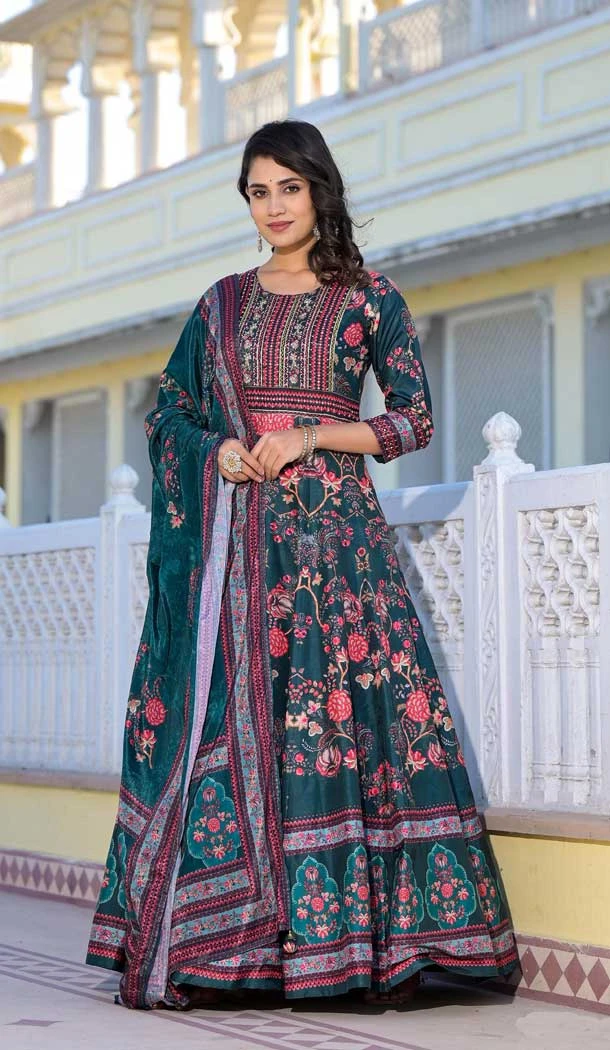 Sea Green Dola Silk Digital Printed Designer Readymade Gown - 10213192838
