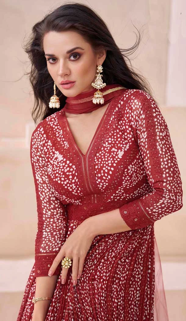 Georgette Embroidered Party Wear Readymade Gown In Maroon - 10217192850