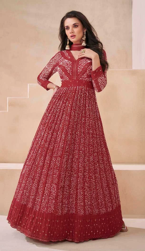 Georgette Embroidered Party Wear Readymade Gown In Maroon - 10217192850