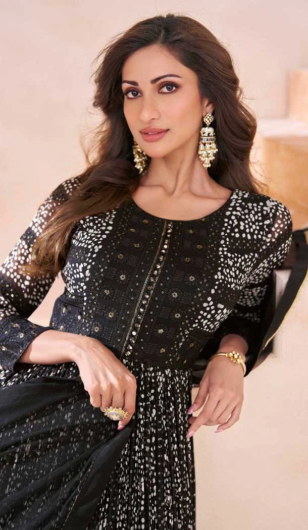 Georgette Embroidered Party Wear Readymade Gown In Black - 10217192851
