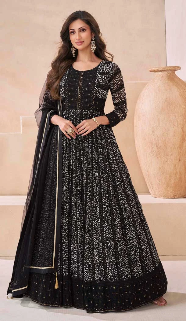 Georgette Embroidered Party Wear Readymade Gown In Black - 10217192851