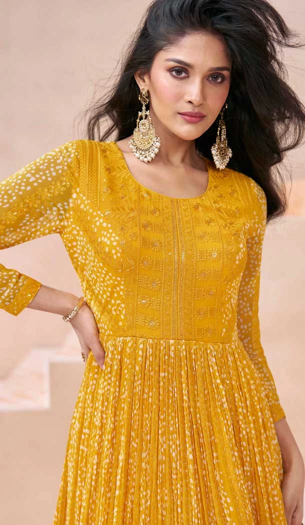 Georgette Embroidered Party Wear Readymade Gown In Yellow - 10217192852