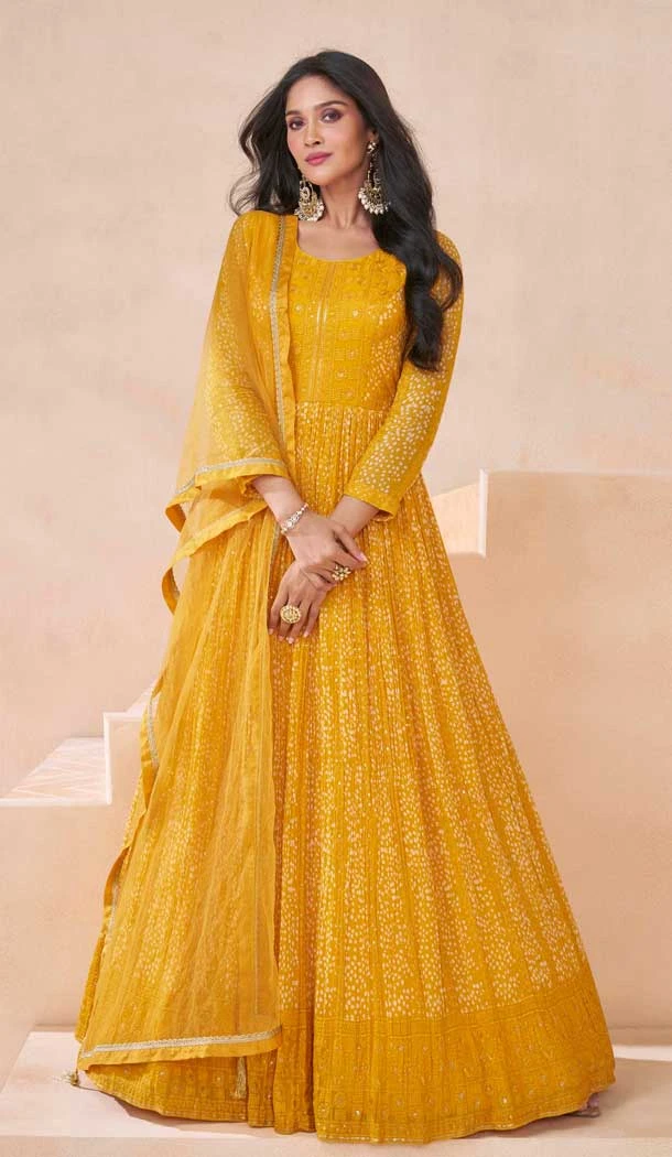 Georgette Embroidered Party Wear Readymade Gown In Yellow - 10217192852