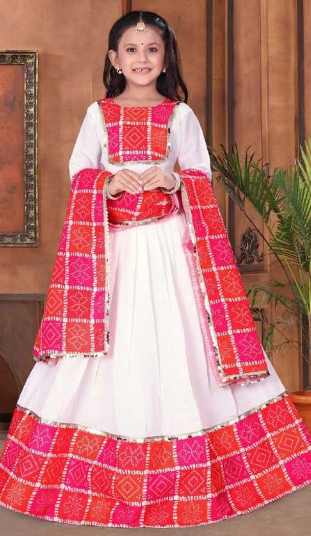 Chanderi Printed Work Readymade Kid's Wear Lehenga Choli In White - 10223192871